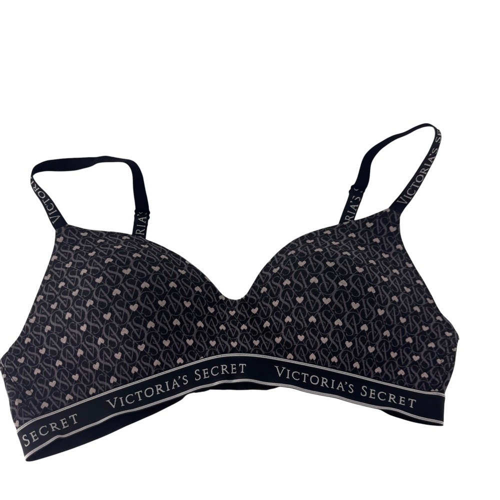 Victoria's Secret Wireless T-Shirt Bra 36C Black Monogram Heart Logo Strap
